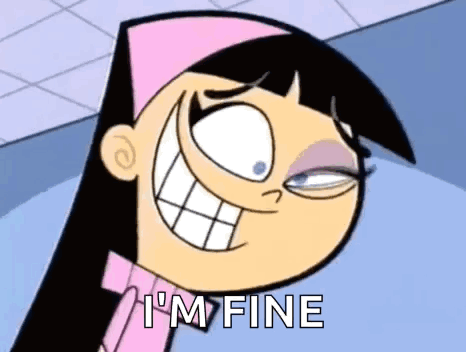 A Cartoon Girl Is Smiling And Making A Funny Face While Saying `` I 'M Fine '' . GIF