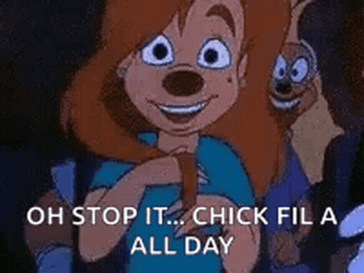 A Cartoon Girl Is Smiling And Saying `` Oh Stop It ... Chick Fil A All Day '' . GIF