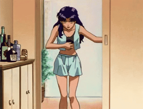 A Cartoon Girl Is Standing In A Doorway With Bottles Of Alcohol On A Cabinet . GIF