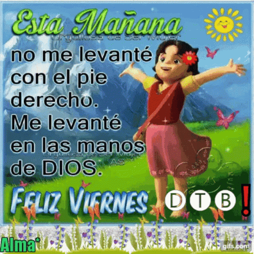 A Cartoon Girl Is Standing In A Field With Her Arms Outstretched On A Greeting Card That Says Feliz Viernes GIF