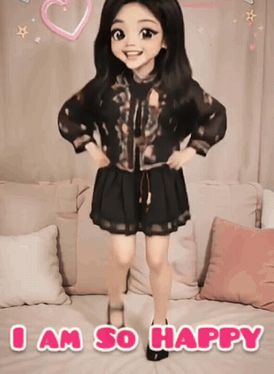 A Cartoon Girl Is Standing In Front Of A Couch With The Words `` I Am So Happy '' Written Below Her . GIF