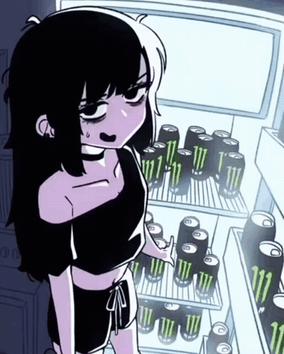 A Cartoon Girl Is Standing In Front Of A Fridge Full Of Monster Energy Drinks GIF
