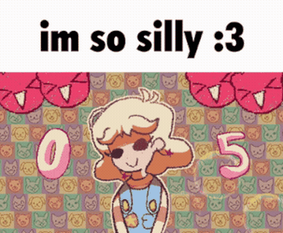 A Cartoon Girl Is Standing In Front Of A Pattern Of Cats And The Words Im So Silly 3 GIF