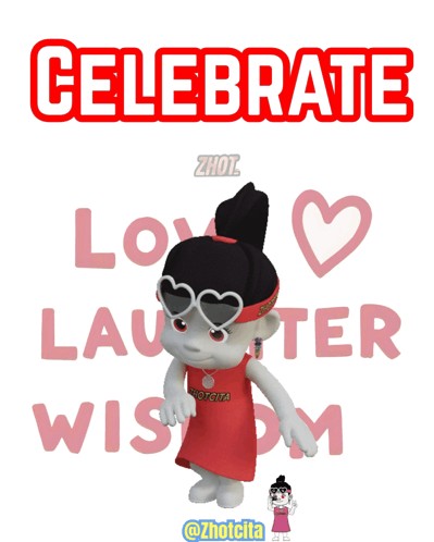 A Cartoon Girl Is Standing In Front Of A Sign That Says " Celebrate Love Laughter Wisdom " GIF