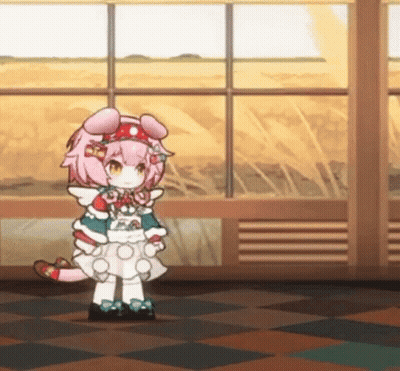 A Cartoon Girl Is Standing In Front Of A Window Wearing A Dress And Hat . GIF