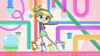 A Cartoon Girl Is Standing Next To A Bunch Of Hamsters On A Pink Tiled Floor GIF