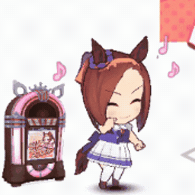 A Cartoon Girl Is Standing Next To A Jukebox With Music Notes Coming Out Of It . GIF