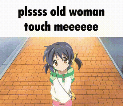 A Cartoon Girl Is Standing On A Brick Walkway With The Words Plsss Old Woman Touch Meeeee GIF