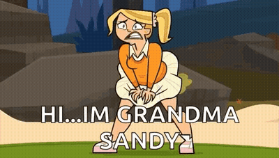 A Cartoon Girl Is Standing On A Grassy Field And Talking To Her Grandma Sandy . GIF