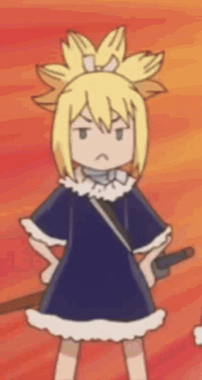 A Cartoon Girl Is Standing With Her Hands On Her Hips And Holding A Sword . GIF