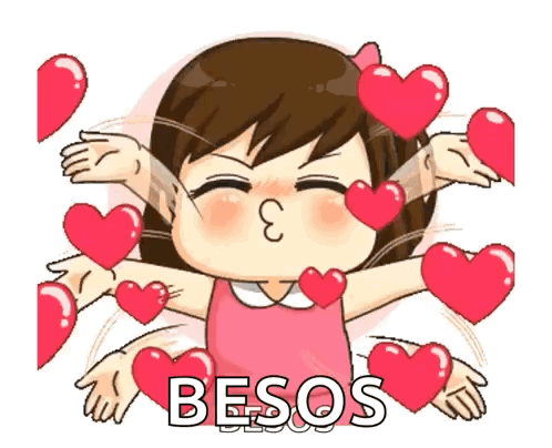 A Cartoon Girl Is Surrounded By Hearts And The Word Besos Is Above Her GIF