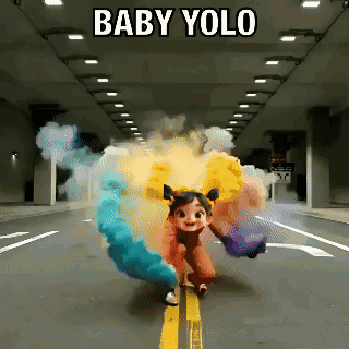 A Cartoon Girl Is Walking Down A Street With Smoke Coming Out Of Her Hands And The Words Baby Yolo Behind Her GIF