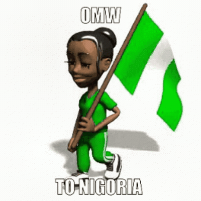A Cartoon Girl Is Walking With A Green Flag In Her Hands . GIF