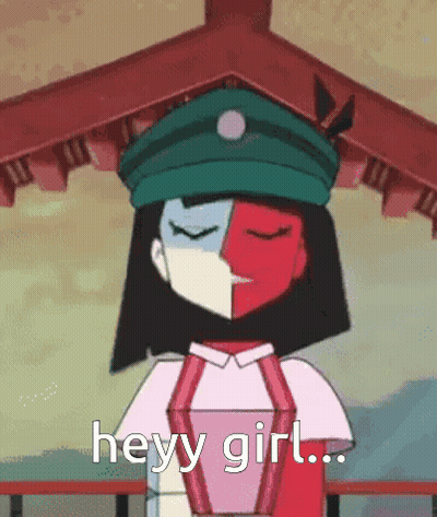 A Cartoon Girl Is Wearing A Green Hat And A Red And White Shirt And Says Heyy Girl . GIF