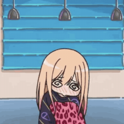 A Cartoon Girl Is Wearing A Leopard Print Apron And Has A Swirl In Her Eyes . GIF