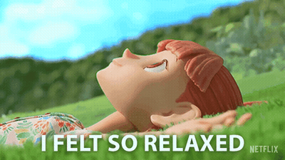 A Cartoon Girl Laying In The Grass With The Words I Felt So Relaxed GIF