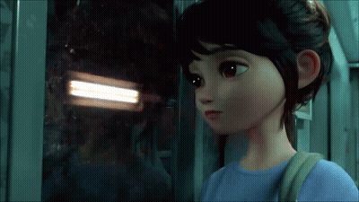 A Cartoon Girl Looking Out A Window With A Reflection Of A Person GIF