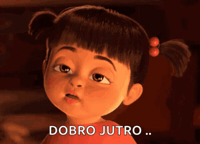 A Cartoon Girl Says " Dobro Jutro " In Front Of A Red Background GIF
