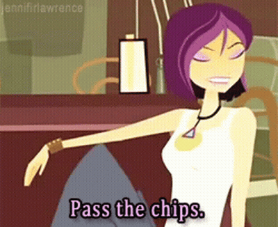 A Cartoon Girl Says Pass The Chips In A White Tank Top GIF