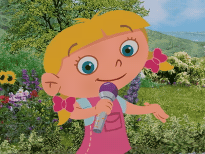 A Cartoon Girl Singing Into A Microphone In A Field GIF