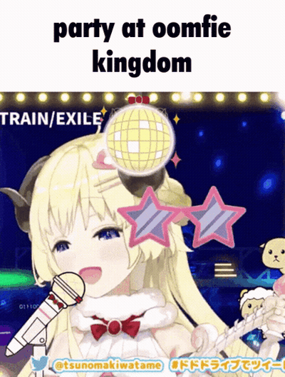 A Cartoon Girl Singing Into A Microphone With The Words Party At Oomfie Kingdom Written Above Her GIF