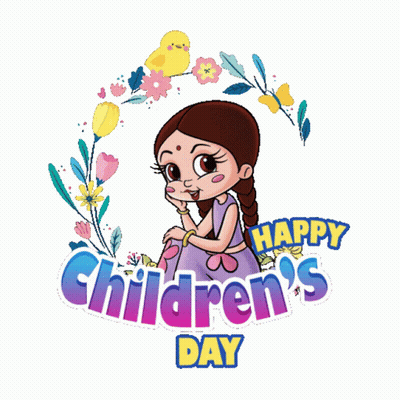 A Cartoon Girl Sits In A Circle Of Flowers With The Words Happy Children 'S Day GIF