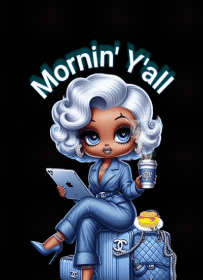 A Cartoon Girl Sitting On A Suitcase Holding A Cup Of Coffee And A Tablet GIF