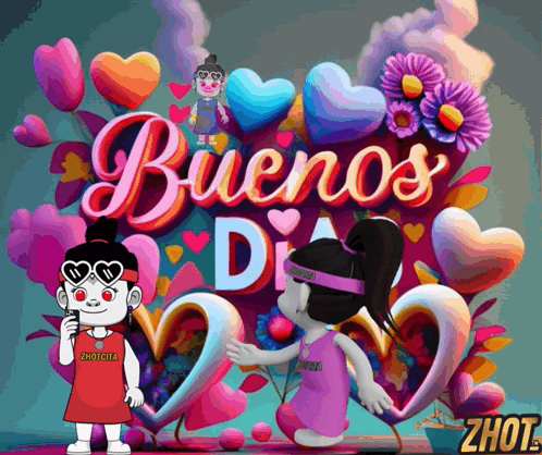 A Cartoon Girl Stands In Front Of A Sign That Says " Buenos Dia " GIF