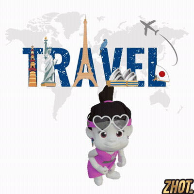 A Cartoon Girl Stands In Front Of A Travel Poster GIF