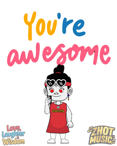 A Cartoon Girl Taking A Picture With The Words " You 'Re Awesome " Behind Her GIF
