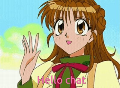 A Cartoon Girl Waving Her Hand With The Words Hello Chat Below Her GIF