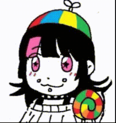 A Cartoon Girl Wearing A Colorful Hat And Holding A Lollipop . GIF