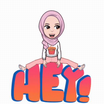 A Cartoon Girl Wearing A Hijab Jumps In The Air Above The Word Hey GIF