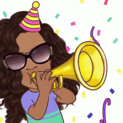 A Cartoon Girl Wearing A Party Hat And Sunglasses Is Blowing A Trumpet GIF