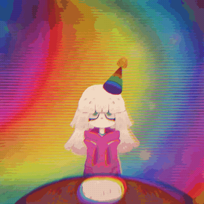 A Cartoon Girl Wearing A Party Hat Is Standing In Front Of A Rainbow . GIF