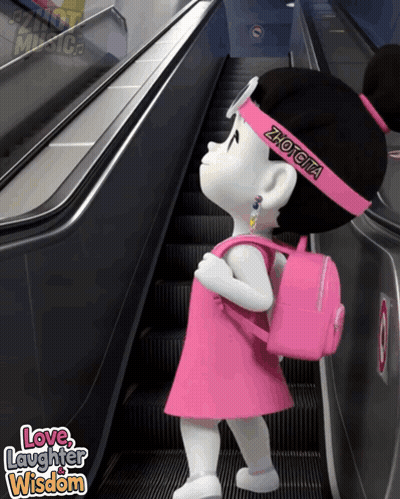 A Cartoon Girl Wearing A Pink Dress And A Pink Backpack Is On An Escalator With The Words Love Laughter Wisdom Below Her GIF