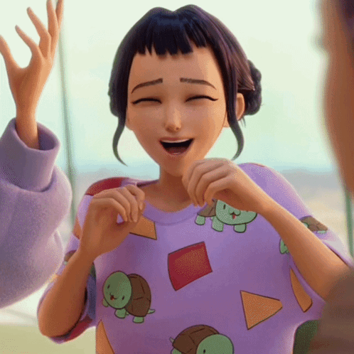 A Cartoon Girl Wearing A Purple Shirt With Turtles And Triangles On It GIF