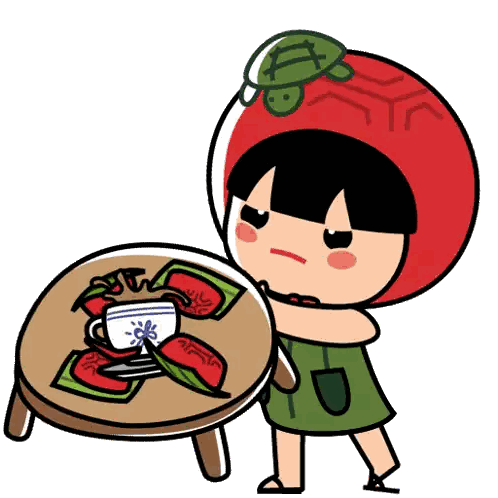 A Cartoon Girl Wearing A Red Tomato Hat Is Standing Next To A Table With A Cup On It Sticker
