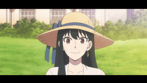 A Cartoon Girl Wearing A Straw Hat And Earrings GIF