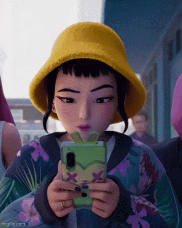 Cartoon Girl In Yellow Hat Looking At Phone GIF