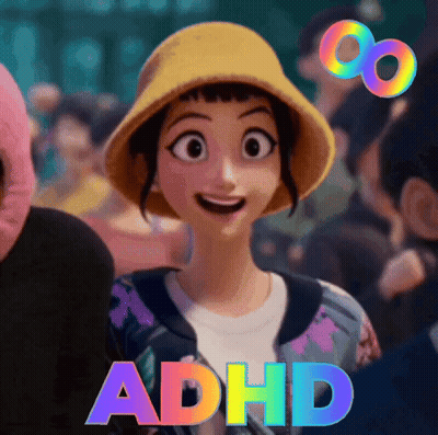 A Cartoon Girl Wearing A Yellow Hat With The Word Adhd On The Bottom Right GIF