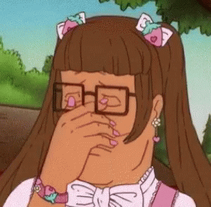 A Cartoon Girl Wearing Glasses And A Bow In Her Hair Is Covering Her Face With Her Hand GIF