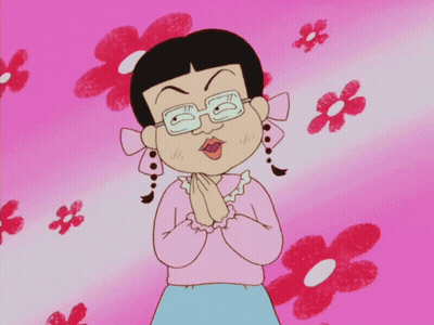 A Cartoon Girl Wearing Glasses Is Praying In Front Of A Pink Background With Red Flowers GIF