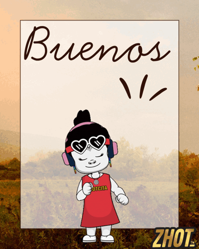 A Cartoon Girl Wearing Headphones And Sunglasses Says Buenos GIF