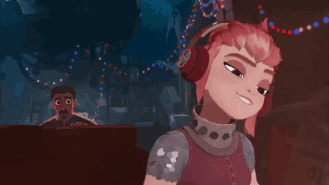 A Cartoon Girl Wearing Headphones Is Standing In Front Of A Man Sitting At A Table . GIF