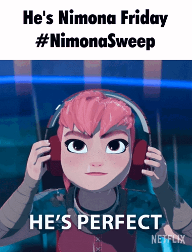 A Cartoon Girl Wearing Headphones With The Caption He 'S Nimona Friday #Nimonasweep GIF