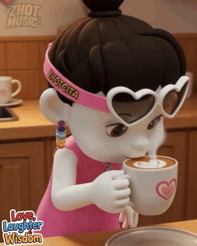 A Cartoon Girl Wearing Heart Shaped Sunglasses And A Headband That Says Zhotcita Drinking A Cup Of Coffee GIF