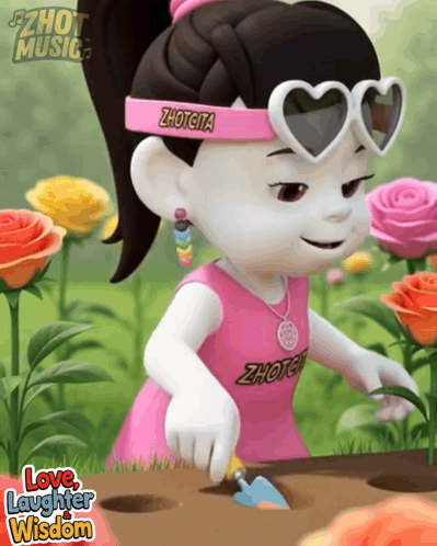 A Cartoon Girl Wearing Heart Shaped Sunglasses And A Pink Headband That Says ' Zhouta ' On It GIF