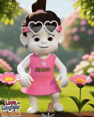 A Cartoon Girl Wearing Heart Shaped Sunglasses And A Pink Shirt That Says Zhoucita GIF