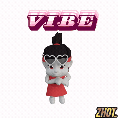A Cartoon Girl Wearing Heart Shaped Sunglasses And A Red Dress Stands In Front Of A Vibe Sign GIF